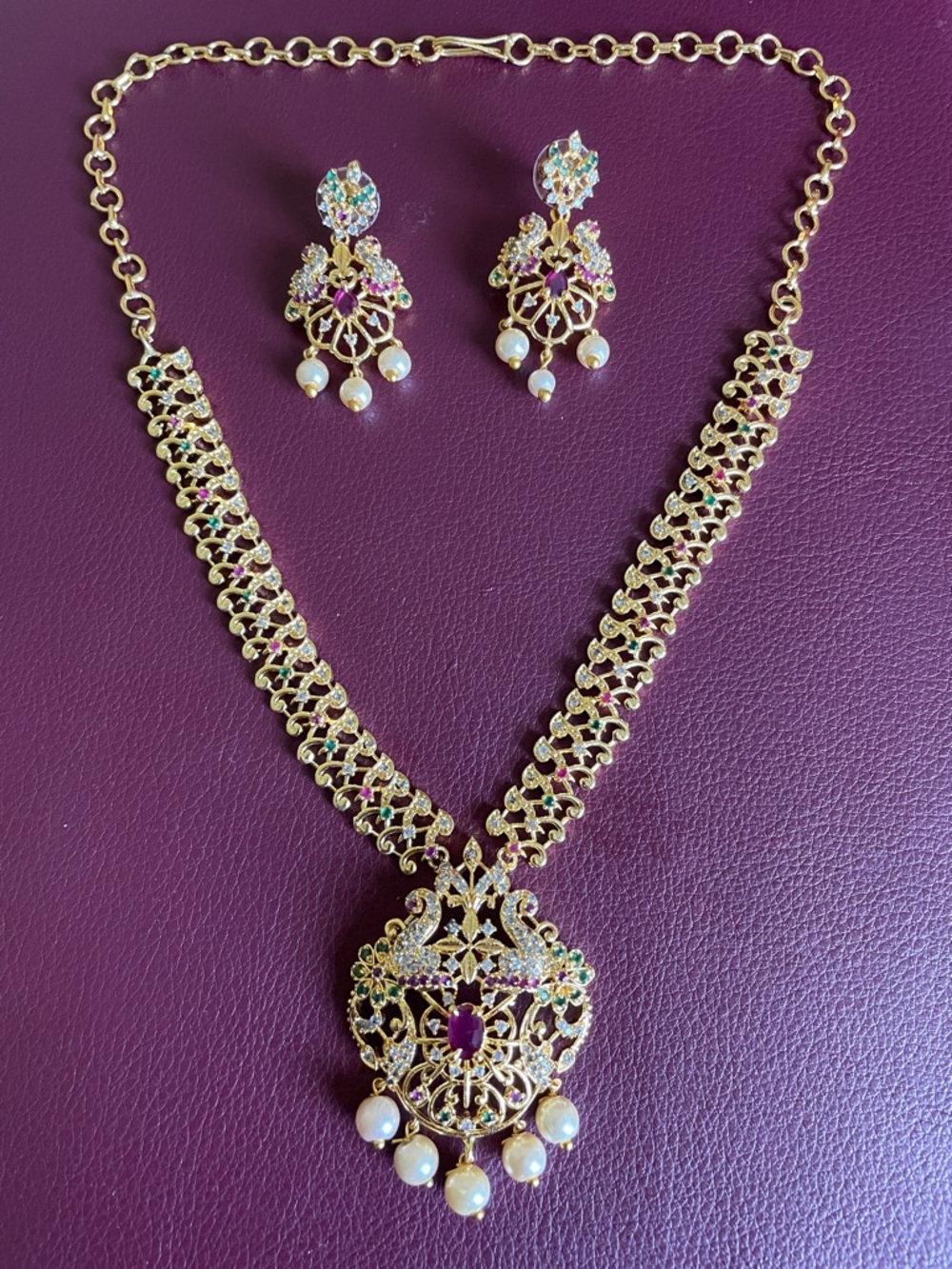 Gold-Tone Ruby & Pearl Pendant Necklace Set - Women Jewelry
